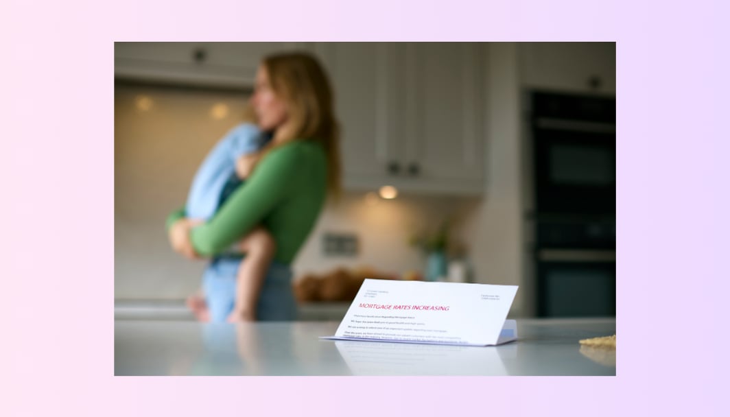 A woman holding a child with a document indicating rising mortgage rates lying next to her.